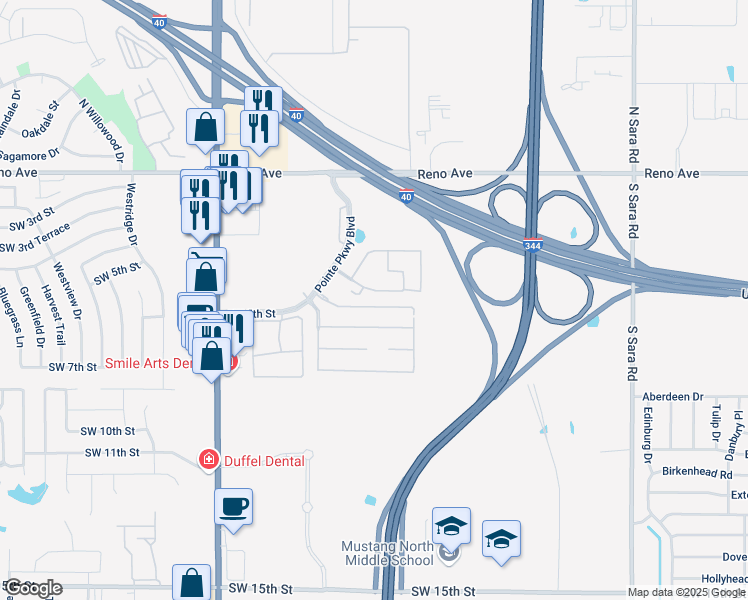 map of restaurants, bars, coffee shops, grocery stores, and more near 11101 Southwest 5th Street in Yukon