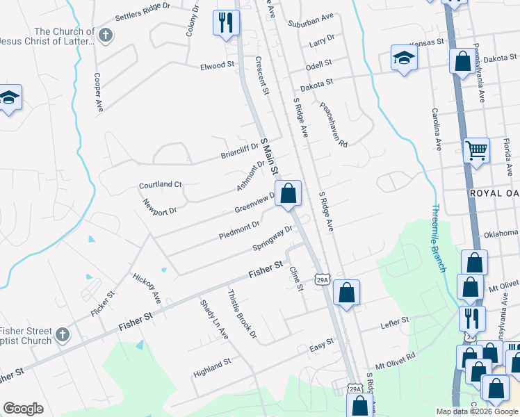 map of restaurants, bars, coffee shops, grocery stores, and more near 108 Piedmont Drive in Kannapolis