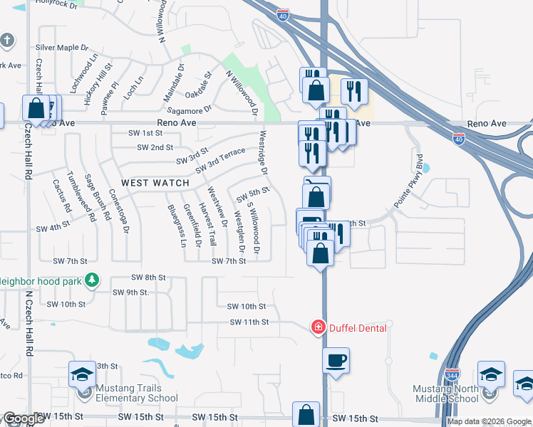 map of restaurants, bars, coffee shops, grocery stores, and more near 617 Westridge Court in Yukon