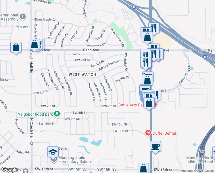 map of restaurants, bars, coffee shops, grocery stores, and more near 605 Westview Drive in Yukon