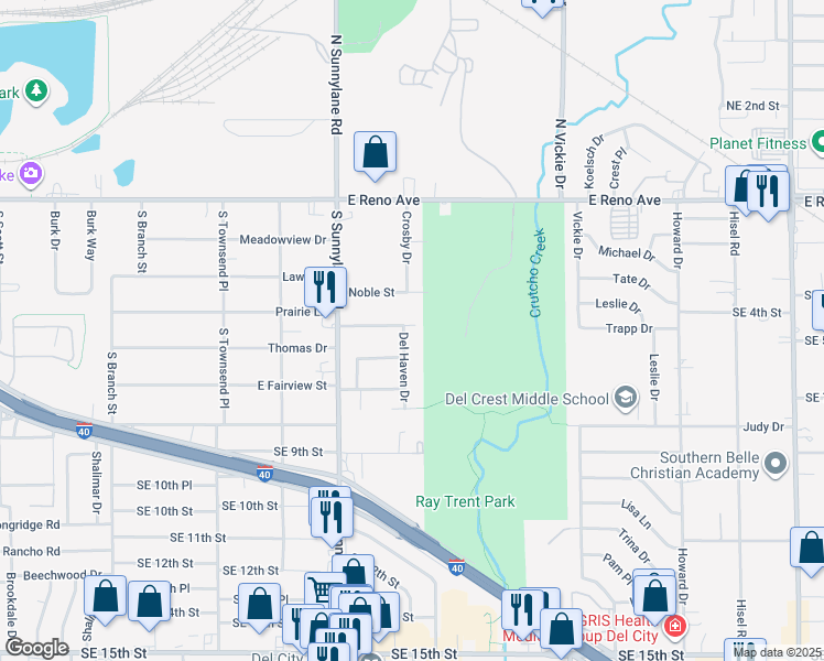 map of restaurants, bars, coffee shops, grocery stores, and more near 600 Del Haven Drive in Del City