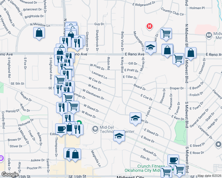 map of restaurants, bars, coffee shops, grocery stores, and more near 108 West Coe Drive in Midwest City