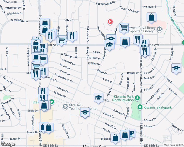 map of restaurants, bars, coffee shops, grocery stores, and more near 121 East Coe Drive in Midwest City