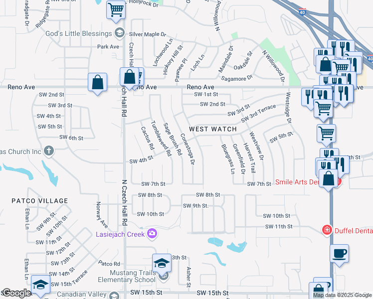 map of restaurants, bars, coffee shops, grocery stores, and more near 509 Conestoga Drive in Yukon