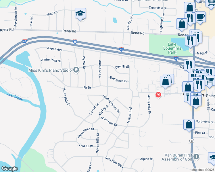 map of restaurants, bars, coffee shops, grocery stores, and more near 655 Fir Drive in Van Buren