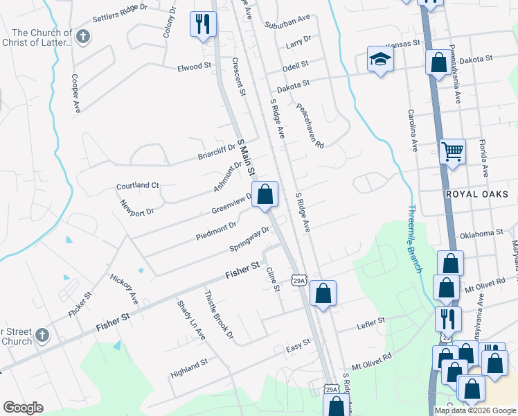 map of restaurants, bars, coffee shops, grocery stores, and more near 103 Piedmont Drive in Kannapolis