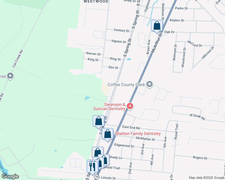 map of restaurants, bars, coffee shops, grocery stores, and more near 1600 Old Tullahoma Highway in Manchester