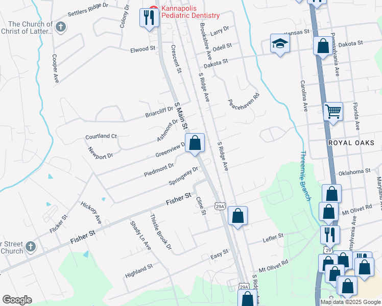 map of restaurants, bars, coffee shops, grocery stores, and more near 103 Piedmont Drive in Kannapolis