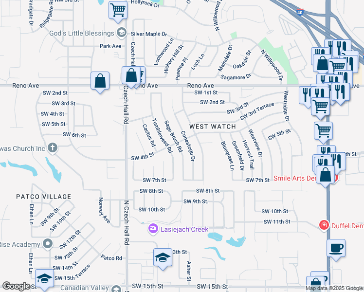 map of restaurants, bars, coffee shops, grocery stores, and more near 504 Sage Brush Road in Yukon