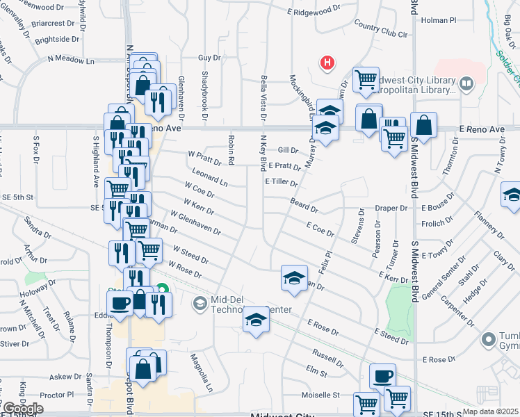 map of restaurants, bars, coffee shops, grocery stores, and more near 2305 North Key Boulevard in Midwest City