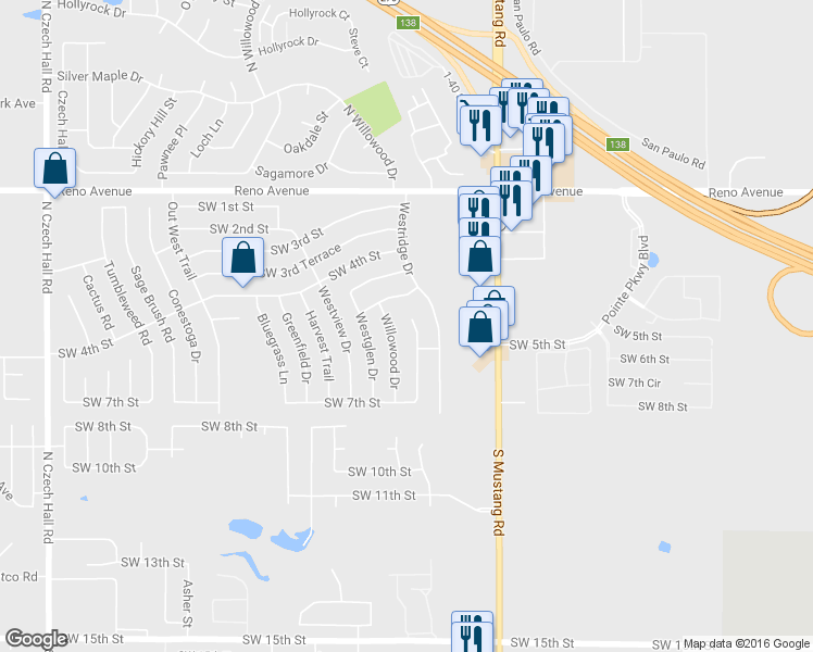 map of restaurants, bars, coffee shops, grocery stores, and more near 617 Westridge Court in Yukon