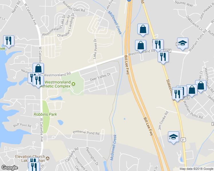 map of restaurants, bars, coffee shops, grocery stores, and more near 16606 Amberside Road East in Cornelius