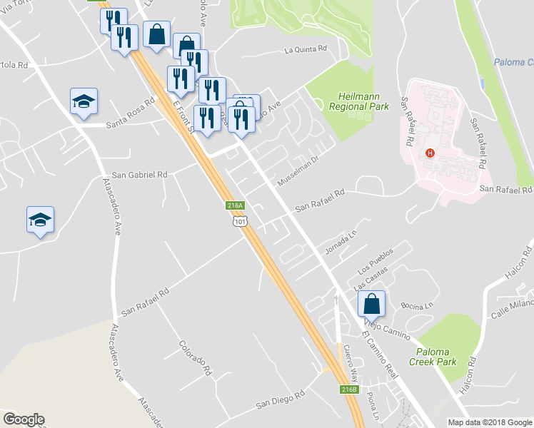 map of restaurants, bars, coffee shops, grocery stores, and more near 9200 Pinewood Court in Atascadero