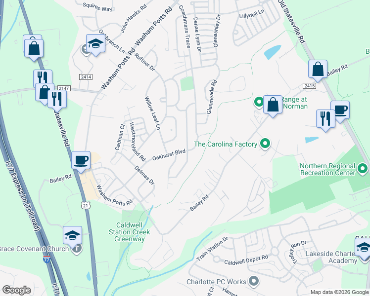 map of restaurants, bars, coffee shops, grocery stores, and more near 19103 Kanawha Drive in Cornelius