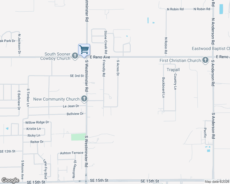 map of restaurants, bars, coffee shops, grocery stores, and more near 605 South Acres Drive in Midwest City
