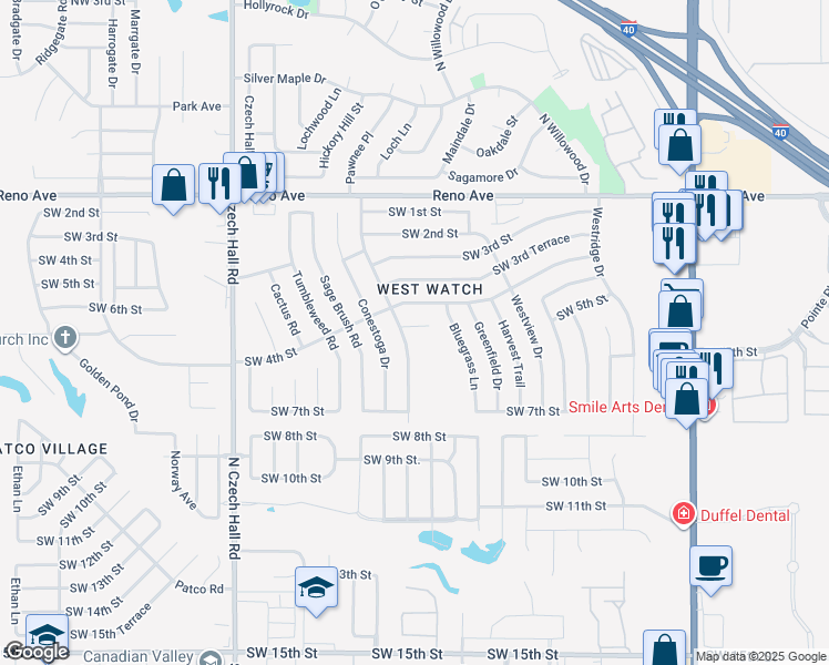 map of restaurants, bars, coffee shops, grocery stores, and more near 11816 SW 4th Terrace in Yukon