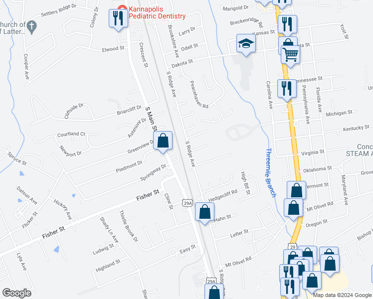 map of restaurants, bars, coffee shops, grocery stores, and more near 2510 South Ridge Avenue in Kannapolis