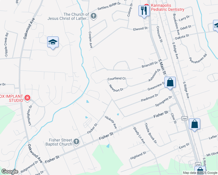 map of restaurants, bars, coffee shops, grocery stores, and more near 215 Newport Drive in Kannapolis