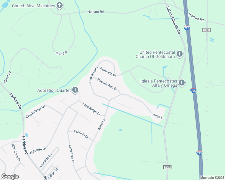 map of restaurants, bars, coffee shops, grocery stores, and more near 104 Hounds Run Drive in Goldsboro