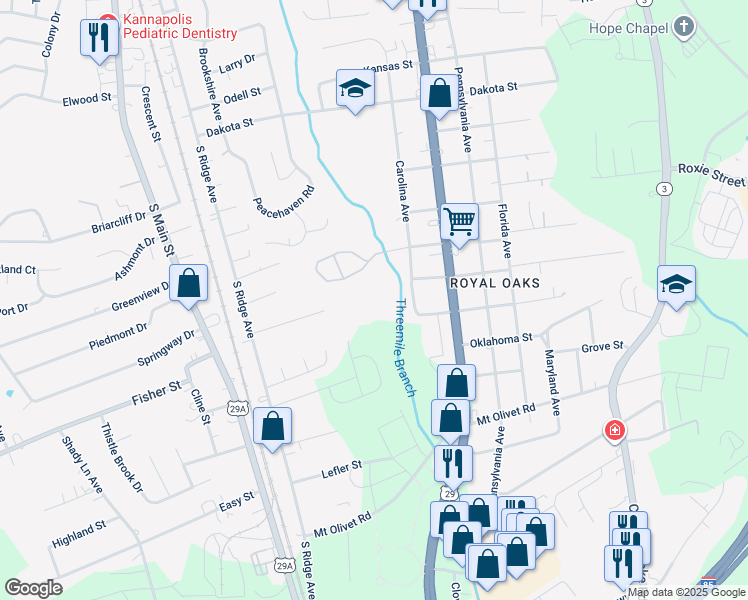 map of restaurants, bars, coffee shops, grocery stores, and more near 2500-2598 Carolina Avenue in Kannapolis
