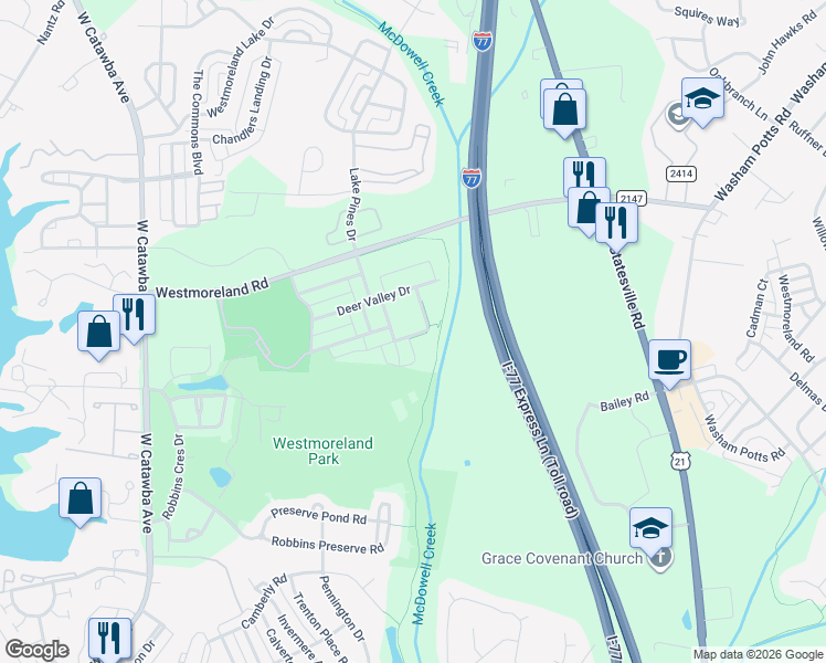 map of restaurants, bars, coffee shops, grocery stores, and more near 16606 Amberside Road East in Cornelius