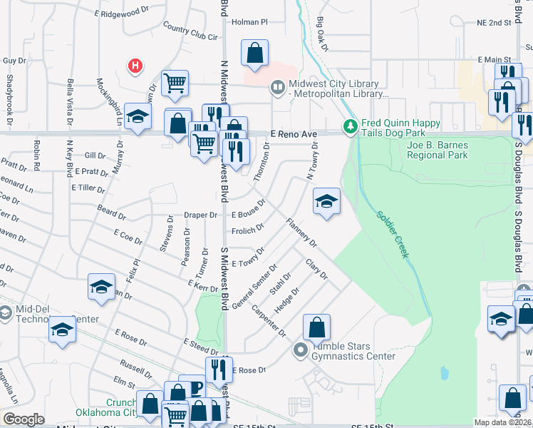 map of restaurants, bars, coffee shops, grocery stores, and more near 649 Frolich Drive in Midwest City