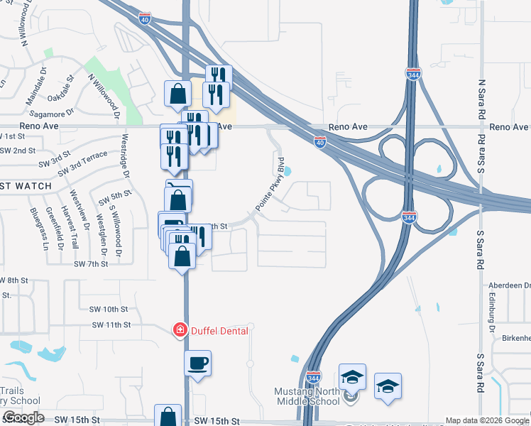 map of restaurants, bars, coffee shops, grocery stores, and more near 11139 Southwest 5th Street in Yukon
