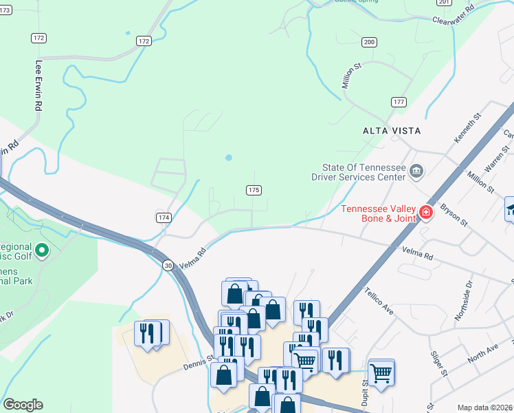 map of restaurants, bars, coffee shops, grocery stores, and more near 114 County Road 175 in Athens