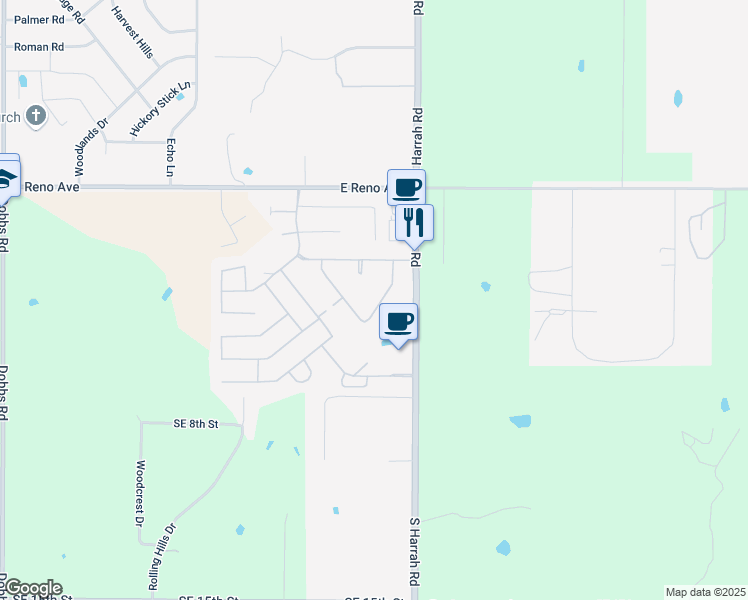 map of restaurants, bars, coffee shops, grocery stores, and more near 299 Mounds Road in Harrah