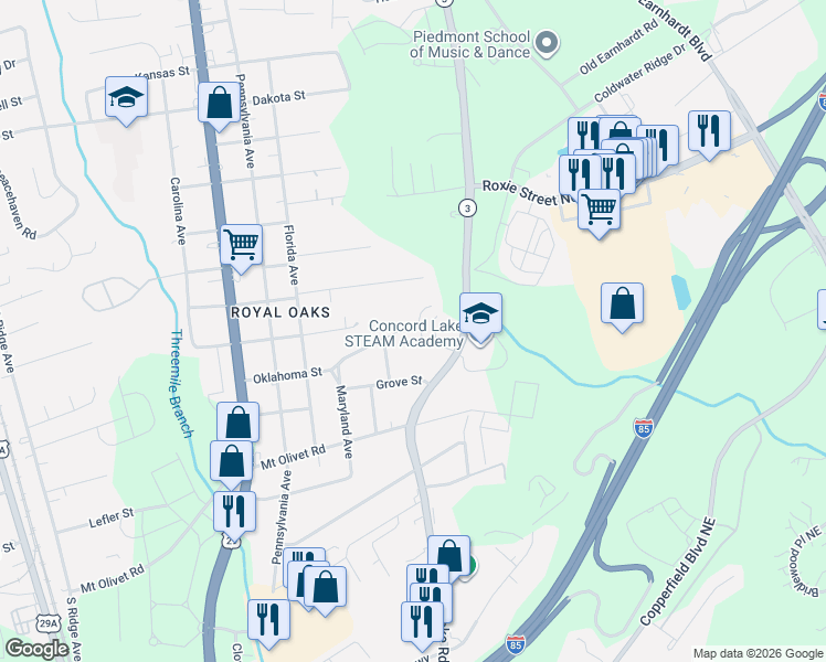 map of restaurants, bars, coffee shops, grocery stores, and more near 1119 Oklahoma Street in Kannapolis
