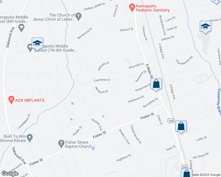 map of restaurants, bars, coffee shops, grocery stores, and more near 106 Newport Drive in Kannapolis