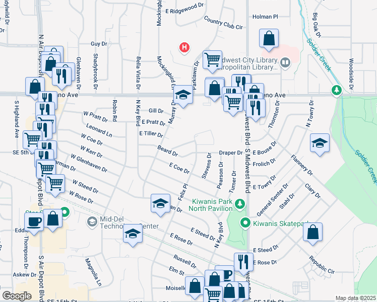 map of restaurants, bars, coffee shops, grocery stores, and more near 249 Beard Drive in Midwest City
