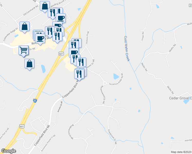 map of restaurants, bars, coffee shops, grocery stores, and more near 308 Sycamore Ridge Road Northeast in Concord