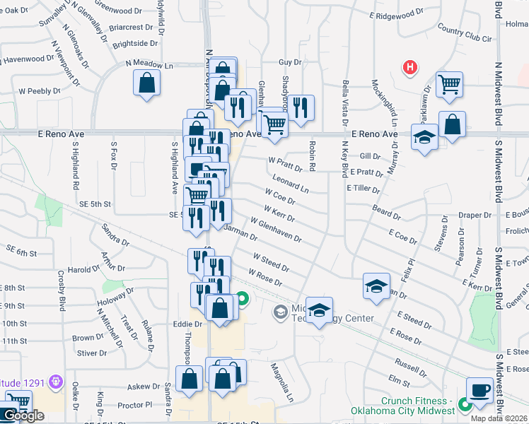 map of restaurants, bars, coffee shops, grocery stores, and more near 220 West Kerr Drive in Midwest City