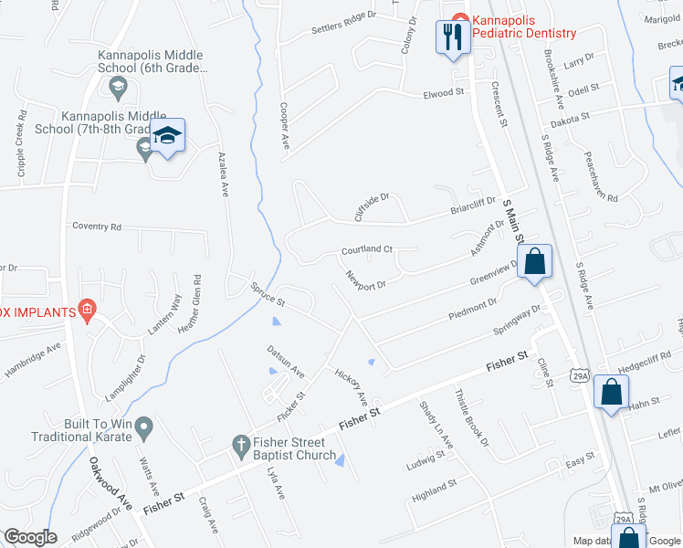 map of restaurants, bars, coffee shops, grocery stores, and more near 219 Newport Drive in Kannapolis