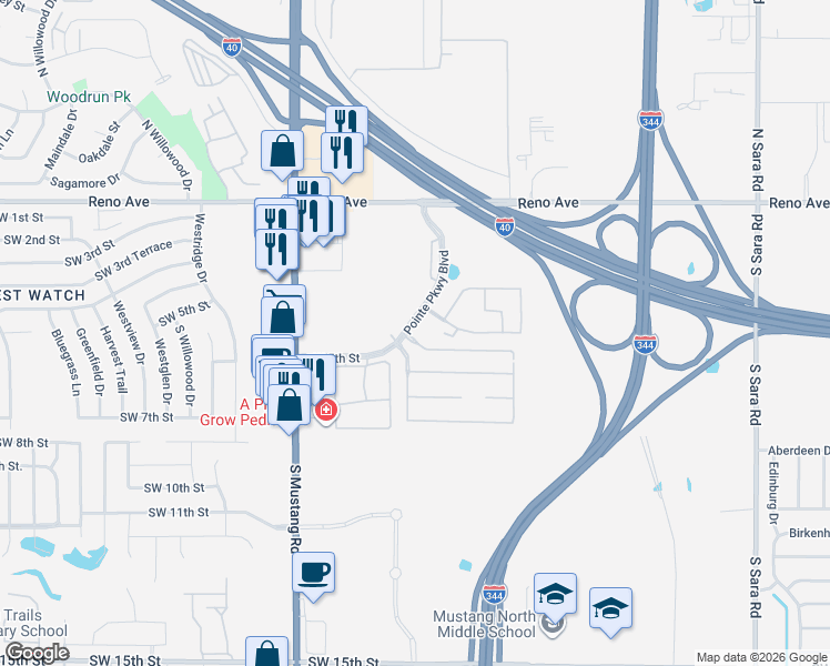 map of restaurants, bars, coffee shops, grocery stores, and more near 11143 Southwest 5th Street in Yukon