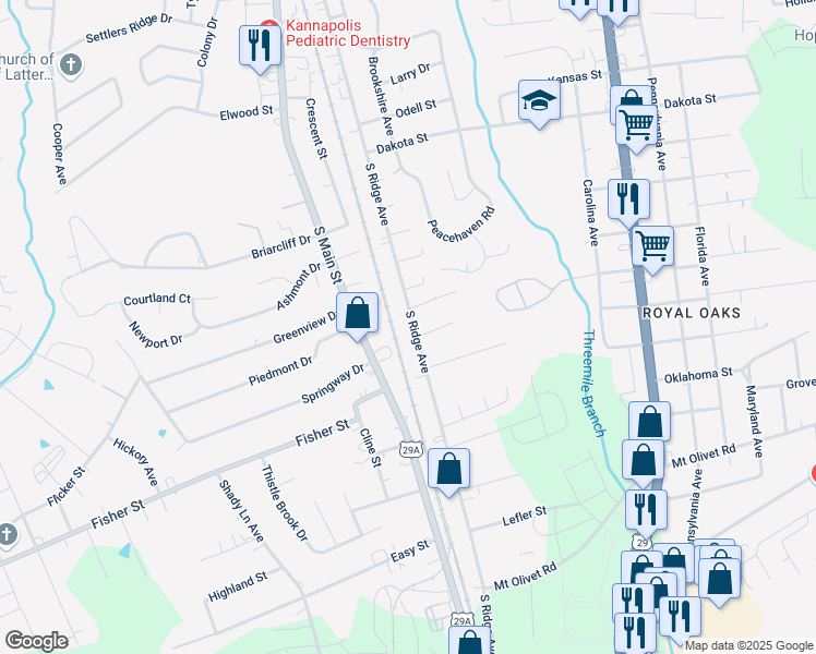 map of restaurants, bars, coffee shops, grocery stores, and more near 2506 South Ridge Avenue in Kannapolis
