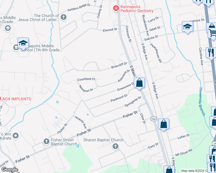 map of restaurants, bars, coffee shops, grocery stores, and more near 195 Ashmont Drive in Kannapolis