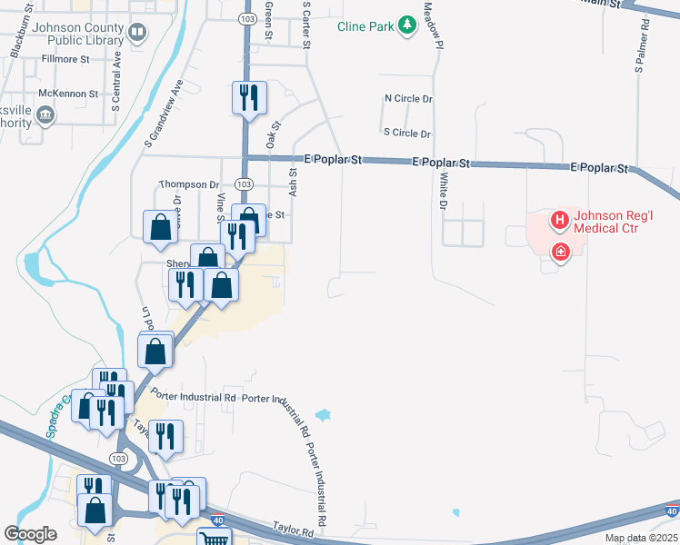 map of restaurants, bars, coffee shops, grocery stores, and more near Carter Street in Clarksville