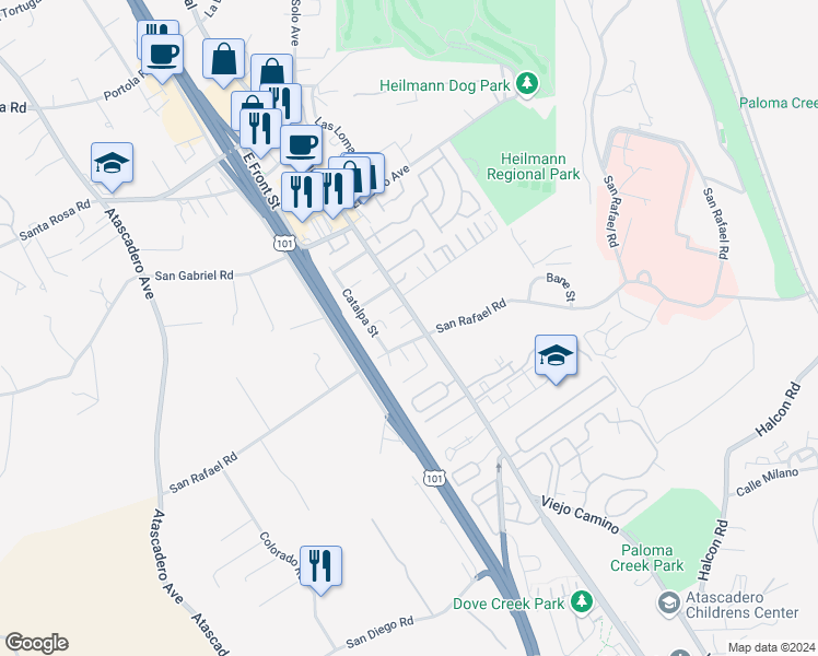map of restaurants, bars, coffee shops, grocery stores, and more near 9200 Pinewood Court in Atascadero