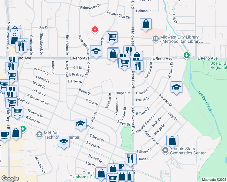 map of restaurants, bars, coffee shops, grocery stores, and more near 308 Draper Drive in Midwest City
