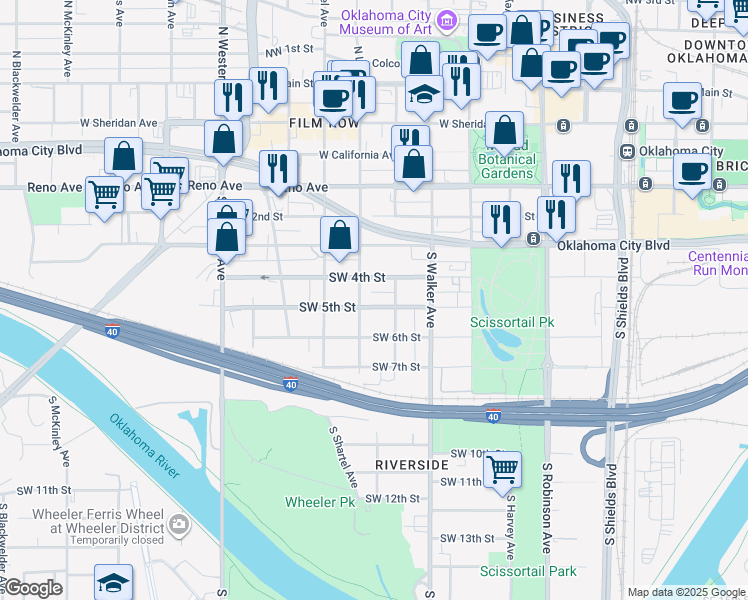 map of restaurants, bars, coffee shops, grocery stores, and more near 628 Southwest 5th Street in Oklahoma City