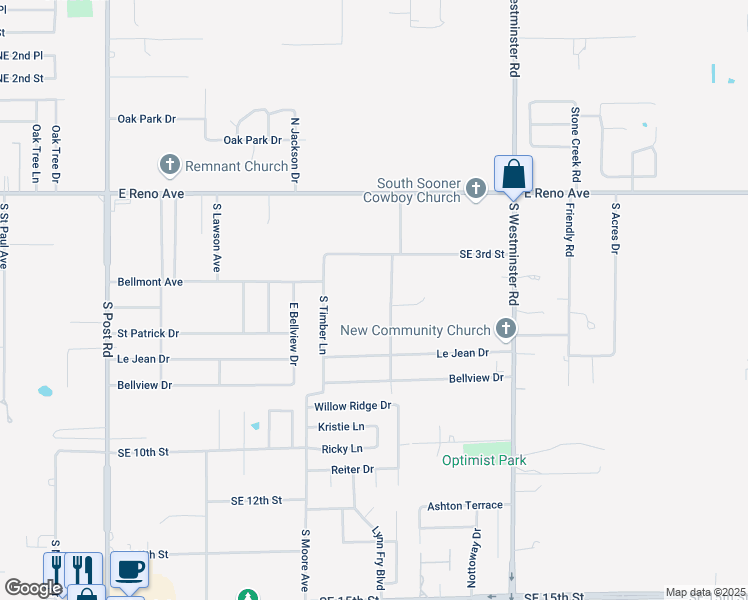 map of restaurants, bars, coffee shops, grocery stores, and more near 525 South Texas Avenue in Midwest City