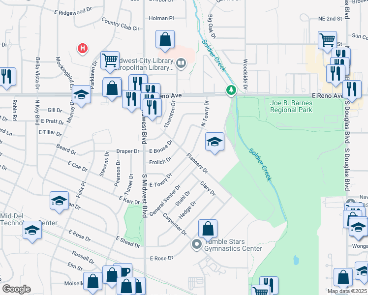 map of restaurants, bars, coffee shops, grocery stores, and more near 2400 Flannery Drive in Midwest City