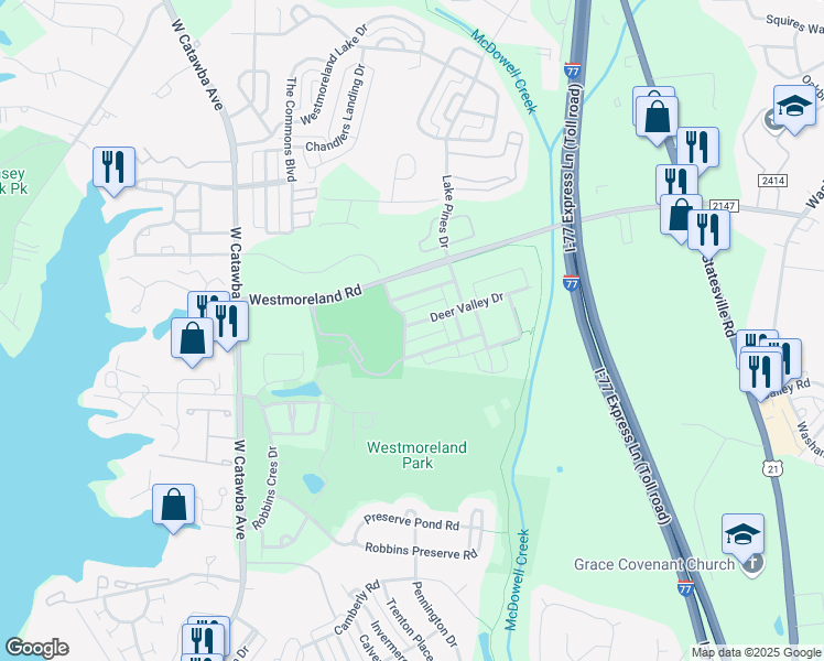 map of restaurants, bars, coffee shops, grocery stores, and more near 19506 Deer Valley Drive in Cornelius
