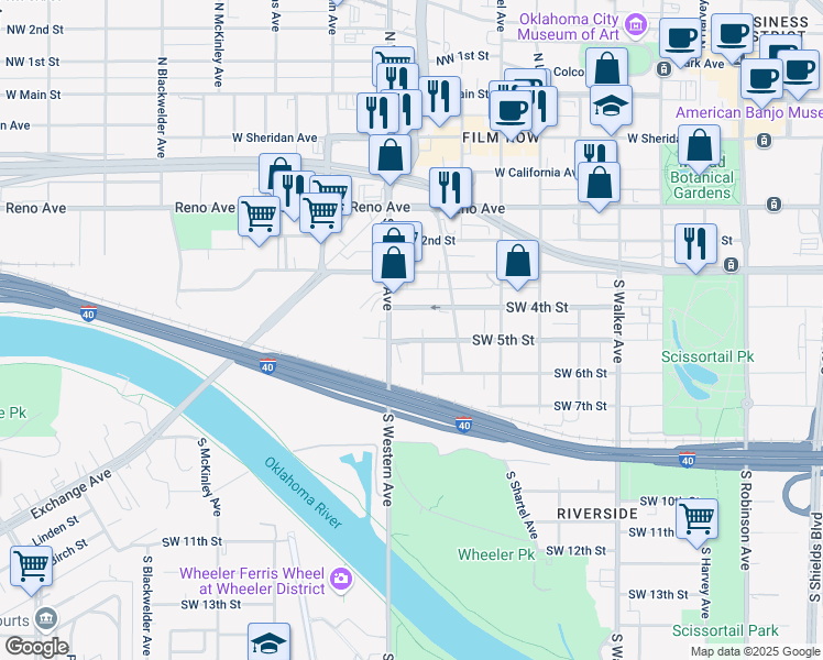 map of restaurants, bars, coffee shops, grocery stores, and more near 1009 Southwest 5th Street in Oklahoma City