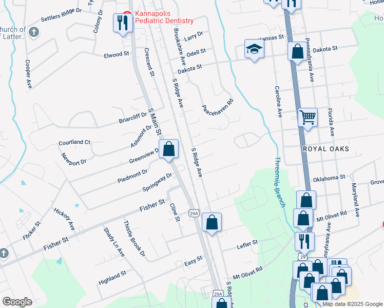 map of restaurants, bars, coffee shops, grocery stores, and more near 2504 South Ridge Avenue in Kannapolis