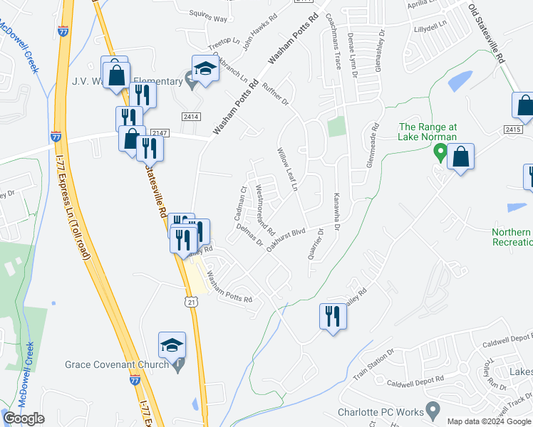 map of restaurants, bars, coffee shops, grocery stores, and more near in Cornelius
