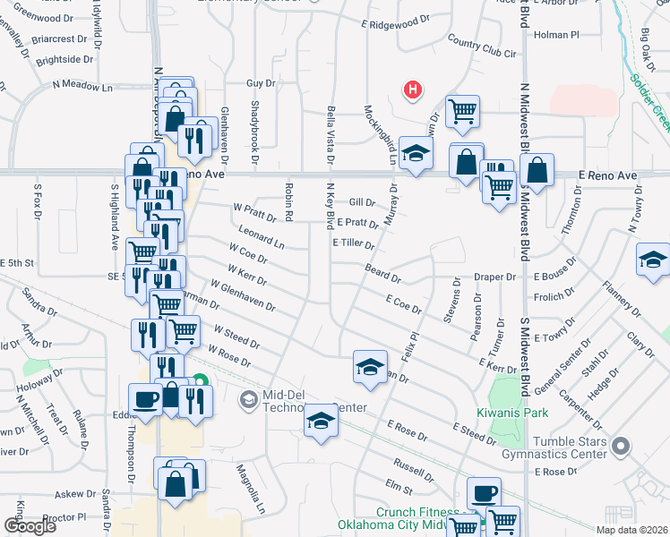 map of restaurants, bars, coffee shops, grocery stores, and more near 2305 North key Boulevard in Midwest City