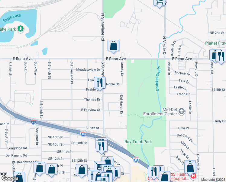 map of restaurants, bars, coffee shops, grocery stores, and more near 4328 Prairie Lane in Del City